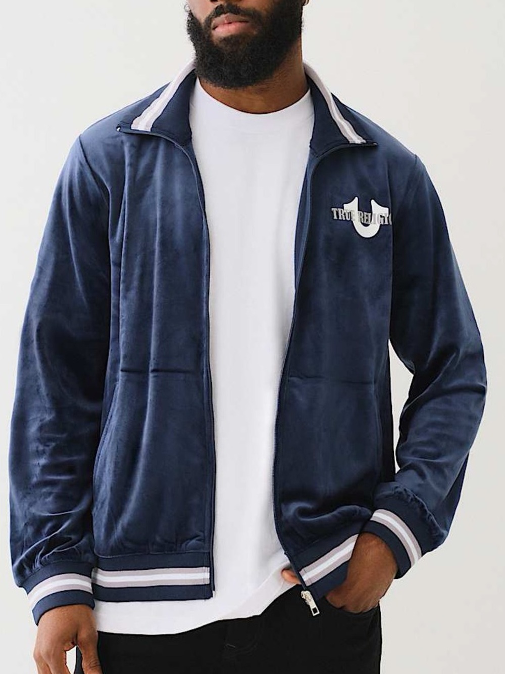 True Religion NWT Men's Blue Velour Tour Zip Up Track Jacket Size Medium